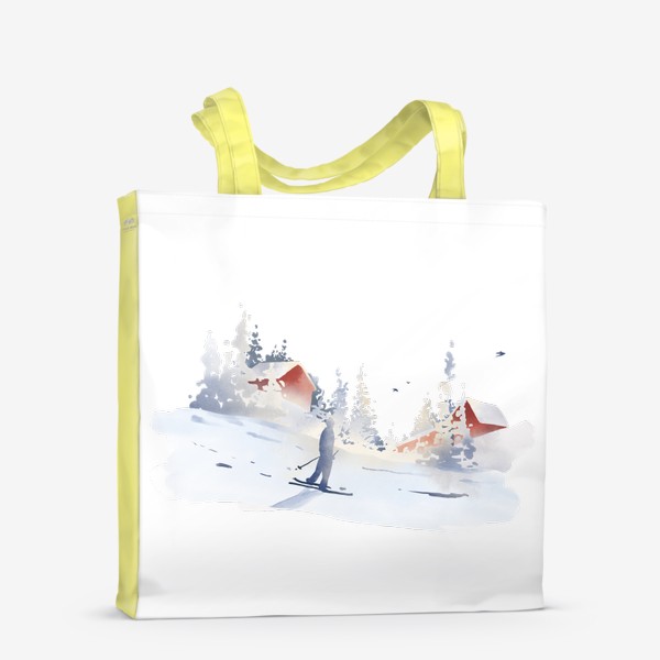 Сумка-шоппер «Акварельная нарисованная вручную иллюстрация с зимним пейзажем. Лыжник едет по склону, красные дома, снег, ели, сугробы»