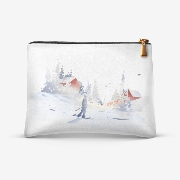 Косметичка «Акварельная нарисованная вручную иллюстрация с зимним пейзажем. Лыжник едет по склону, красные дома, снег, ели, сугробы»