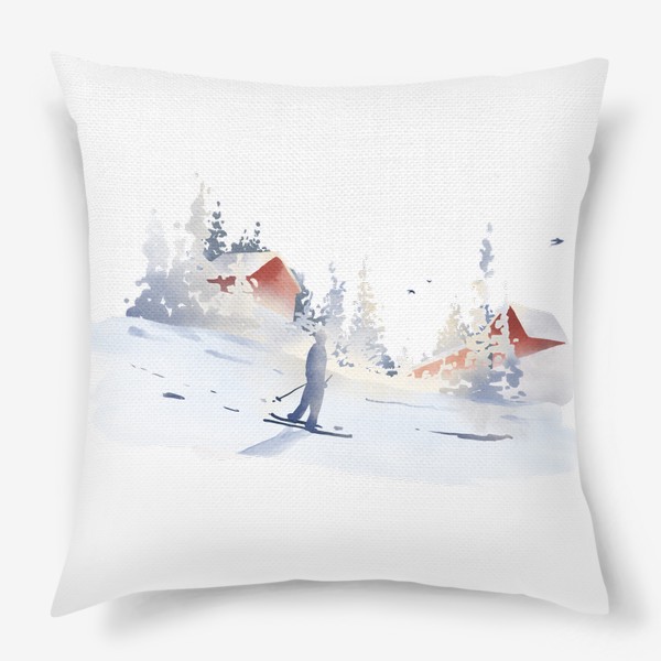 Подушка «Акварельная нарисованная вручную иллюстрация с зимним пейзажем. Лыжник едет по склону, красные дома, снег, ели, сугробы»