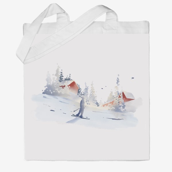 Сумка хб &laquo;Акварельная нарисованная вручную иллюстрация с зимним пейзажем. Лыжник едет по склону, красные дома, снег, ели, сугробы&raquo;