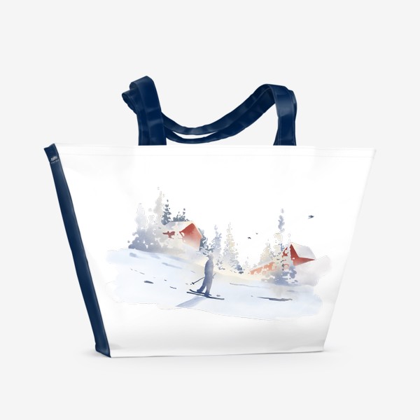 Пляжная сумка «Акварельная нарисованная вручную иллюстрация с зимним пейзажем. Лыжник едет по склону, красные дома, снег, ели, сугробы»