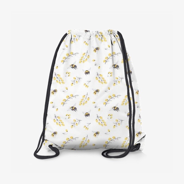 Рюкзак «Акварельный нарисованный вручную бесшовный фон с иллюстрациями декоративных веточек с желтыми ягодами и летающих шмелей»