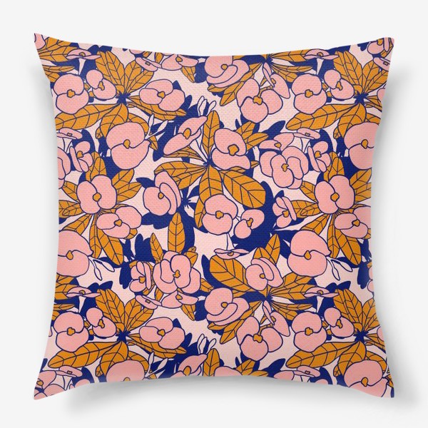 Подушка «Розовые цветы с оранжевыми листьями»