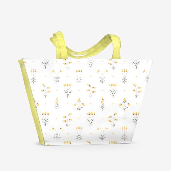 Пляжная сумка «Акварельный нарисованный вручную бесшовный фон с иллюстрациями декоративных веточек с желтыми ягодами и летающих шмелей»