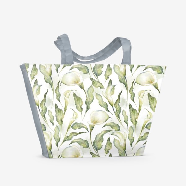 Пляжная сумка &laquo;Акварельный нарисованный вручную бесшовный фон с иллюстрациями нежных белых цветов калл. Белые каллы&raquo;