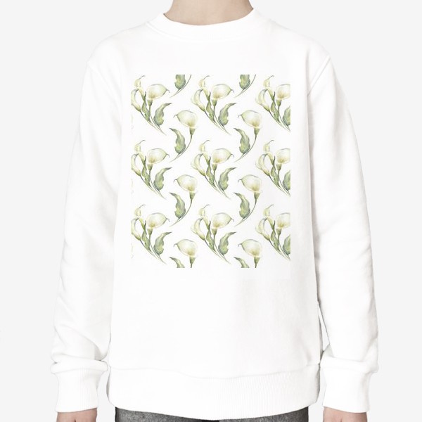 Свитшот &laquo;Акварельный нарисованный вручную бесшовный фон с иллюстрациями нежных белых цветов калл. Белые каллы. Букеты&raquo;