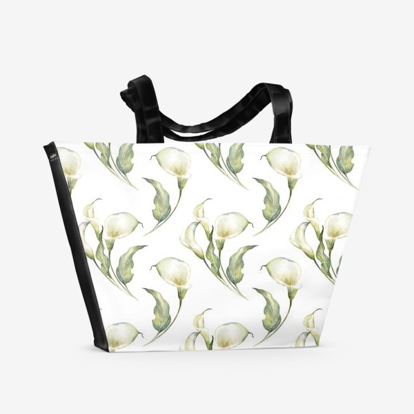 Пляжная сумка &laquo;Акварельный нарисованный вручную бесшовный фон с иллюстрациями нежных белых цветов калл. Белые каллы. Букеты&raquo;