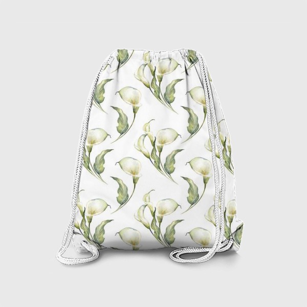 Рюкзак «Акварельный нарисованный вручную бесшовный фон с иллюстрациями нежных белых цветов калл. Белые каллы. Букеты»