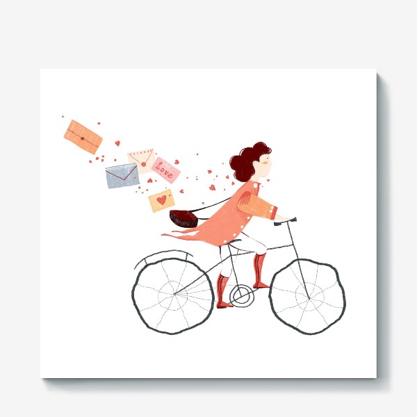 Холст «Акварельная нарисованная вручную иллюстрация. Девушка на велосипеде, развозит письма любви. Милый персонаж почтальон»