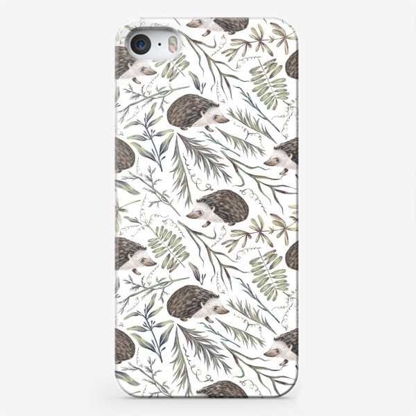 Чехол iPhone «Акварельный нарисованный вручную бесшовный фон с лесными иллюстрациями ежика, листьев, веточек, растений»