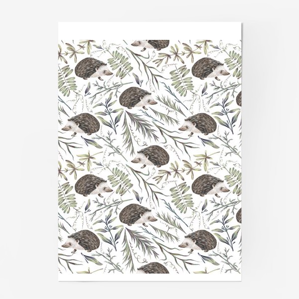 Постер «Акварельный нарисованный вручную бесшовный фон с лесными иллюстрациями ежика, листьев, веточек, растений»