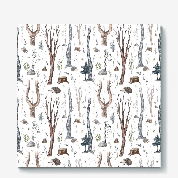 Холст «Акварельный нарисованный вручную бесшовный фон с лесными иллюстрациями деревьев, ежиков и растений. Жизнь в лесу»