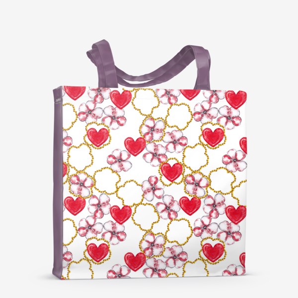 Сумка-шоппер «Весенний паттерн Цветы сакуры, золотые бусины и красные сердечки»