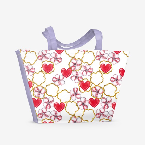 Пляжная сумка «Весенний паттерн Цветы сакуры, золотые бусины и красные сердечки»