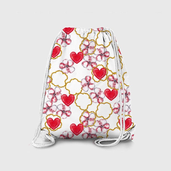 Рюкзак «Весенний паттерн Цветы сакуры, золотые бусины и красные сердечки»