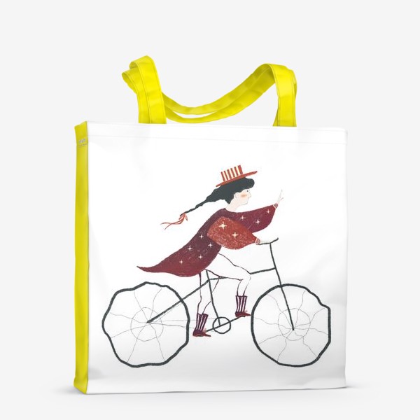 Сумка-шоппер «Акварельная нарисованная вручную иллюстрация. Девушка в шляпке и красном плаще едет на велосипеде. Милый персонаж»