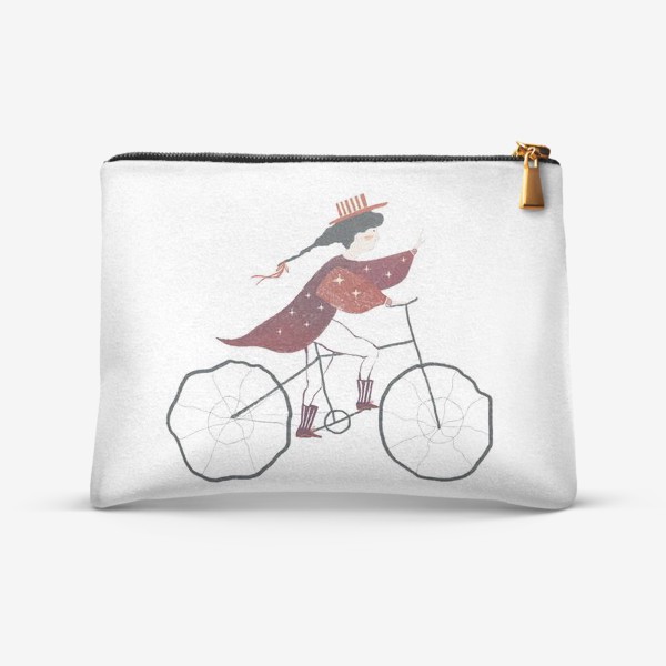 Косметичка «Акварельная нарисованная вручную иллюстрация. Девушка в шляпке и красном плаще едет на велосипеде. Милый персонаж»