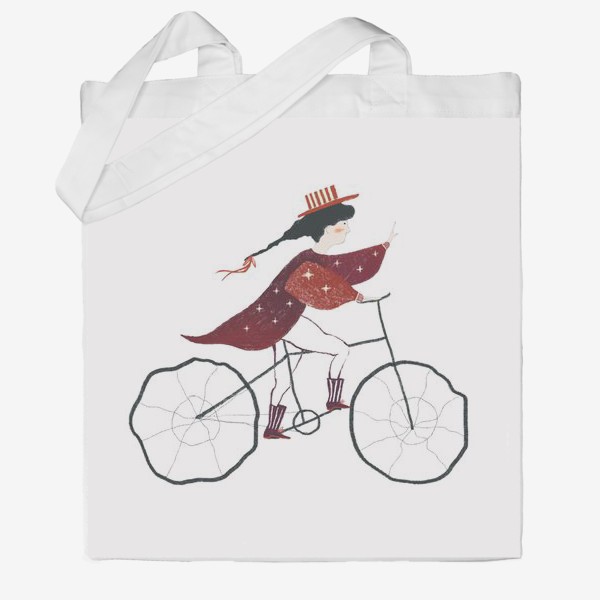 Сумка хб «Акварельная нарисованная вручную иллюстрация. Девушка в шляпке и красном плаще едет на велосипеде. Милый персонаж»