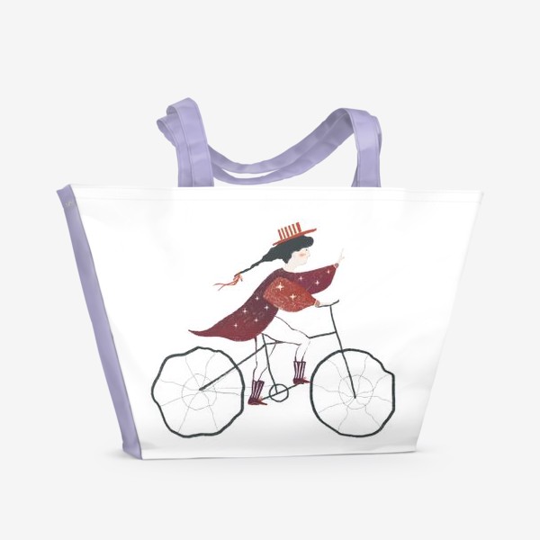 Пляжная сумка «Акварельная нарисованная вручную иллюстрация. Девушка в шляпке и красном плаще едет на велосипеде. Милый персонаж»