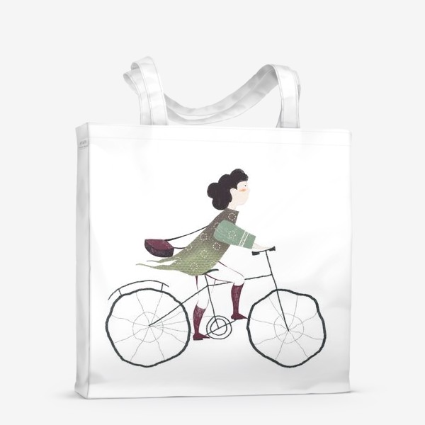 Сумка-шоппер «Акварельная нарисованная вручную иллюстрация. Девушка едет на велосипеде. Милый персонаж почтальон велосипедист»