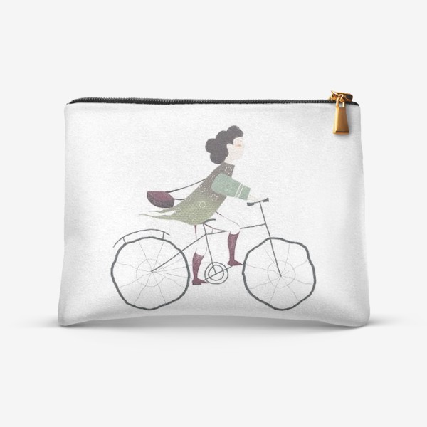 Косметичка «Акварельная нарисованная вручную иллюстрация. Девушка едет на велосипеде. Милый персонаж почтальон велосипедист»