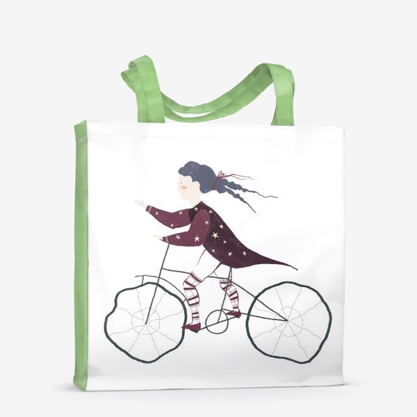 Сумка-шоппер «Акварельная нарисованная вручную иллюстрация. Девушка в красном плаще со звездами едет на велосипеде. Милый персонаж»
