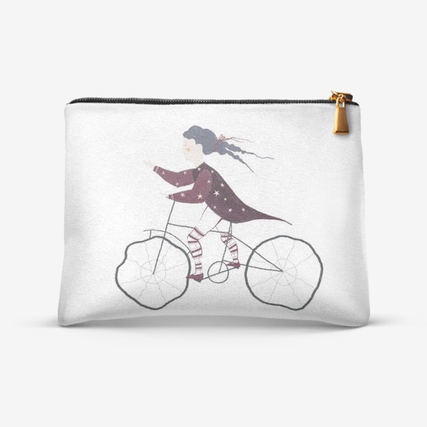 Косметичка «Акварельная нарисованная вручную иллюстрация. Девушка в красном плаще со звездами едет на велосипеде. Милый персонаж»