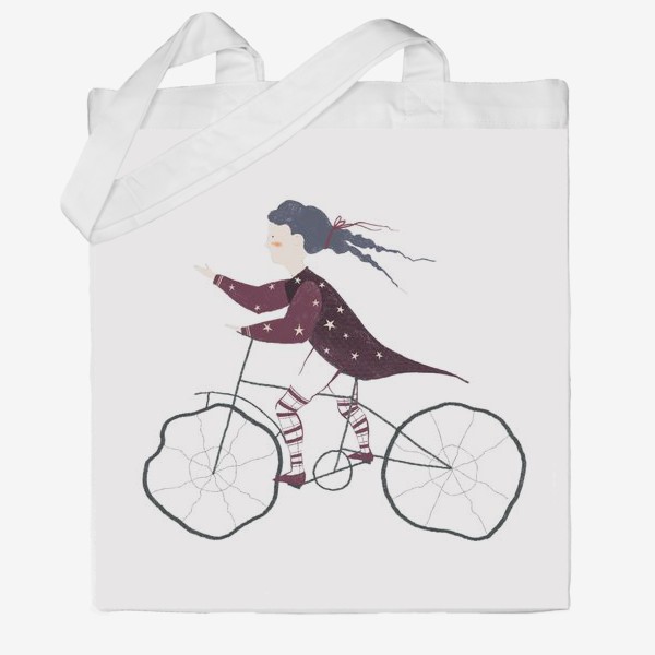 Сумка хб «Акварельная нарисованная вручную иллюстрация. Девушка в красном плаще со звездами едет на велосипеде. Милый персонаж»