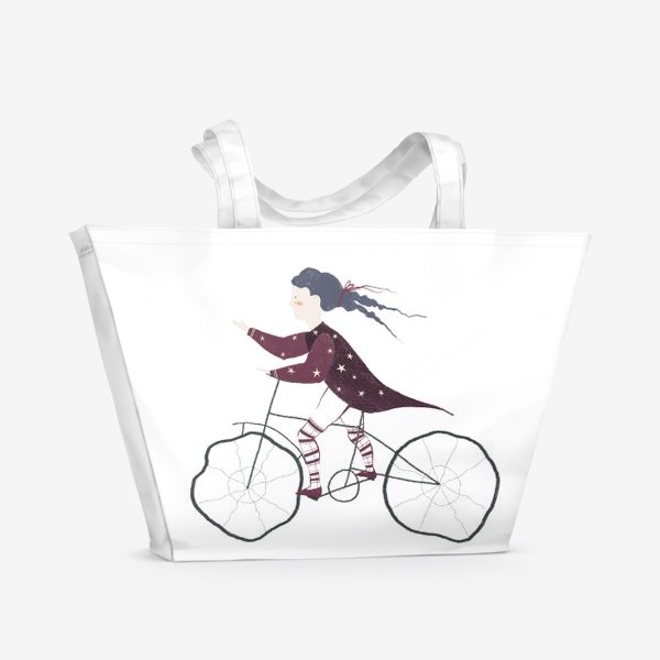 Пляжная сумка «Акварельная нарисованная вручную иллюстрация. Девушка в красном плаще со звездами едет на велосипеде. Милый персонаж»