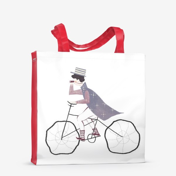 Сумка-шоппер «Акварельная нарисованная вручную иллюстрация. Мальчик в шляпе едет на велосипеде. Милый персонаж почтальон велосипедист»