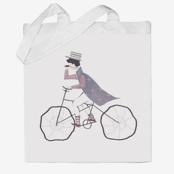Сумка хб «Акварельная нарисованная вручную иллюстрация. Мальчик в шляпе едет на велосипеде. Милый персонаж почтальон велосипедист»