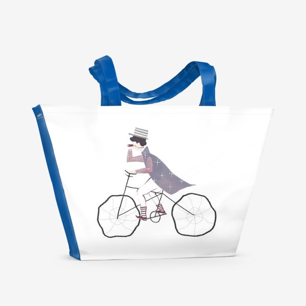 Пляжная сумка «Акварельная нарисованная вручную иллюстрация. Мальчик в шляпе едет на велосипеде. Милый персонаж почтальон велосипедист»