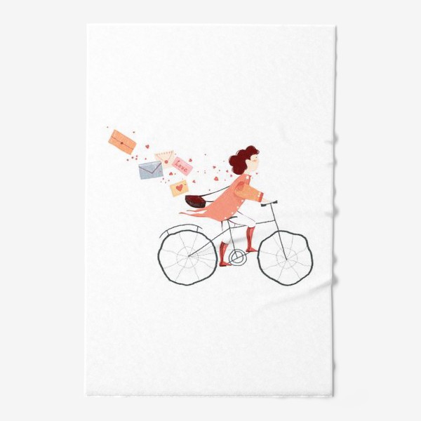 Полотенце «Акварельная нарисованная вручную иллюстрация. Девушка на велосипеде, развозит письма любви. Милый персонаж почтальон»