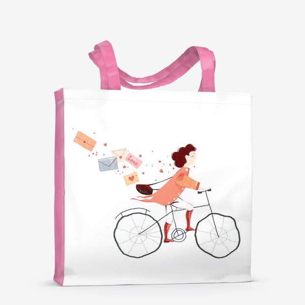 Сумка-шоппер &laquo;Акварельная нарисованная вручную иллюстрация. Девушка на велосипеде, развозит письма любви. Милый персонаж почтальон&raquo;