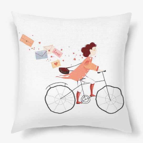 Подушка «Акварельная нарисованная вручную иллюстрация. Девушка на велосипеде, развозит письма любви. Милый персонаж почтальон»