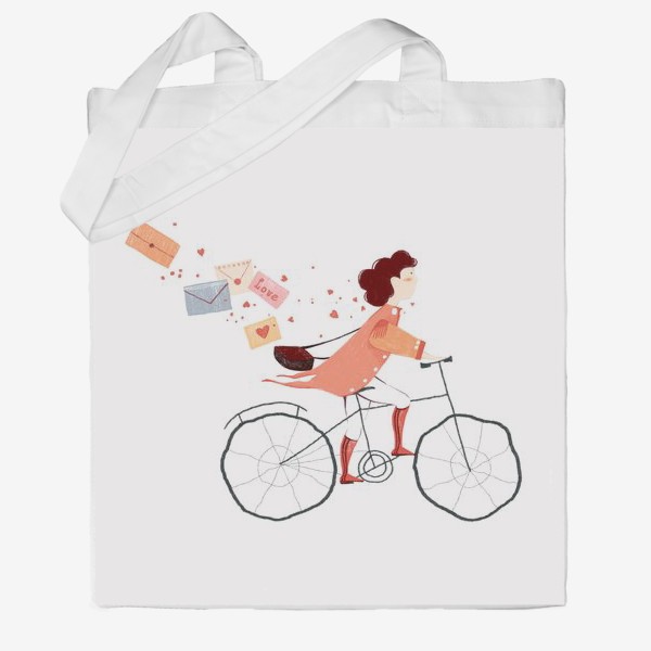 Сумка хб «Акварельная нарисованная вручную иллюстрация. Девушка на велосипеде, развозит письма любви. Милый персонаж почтальон»