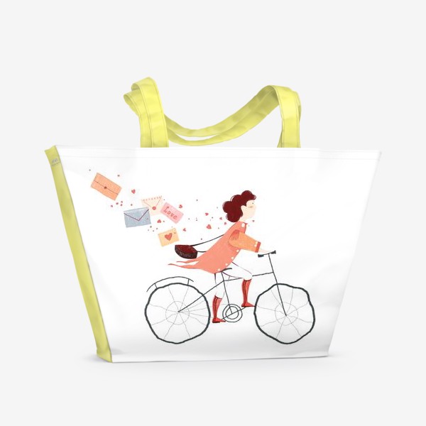Пляжная сумка &laquo;Акварельная нарисованная вручную иллюстрация. Девушка на велосипеде, развозит письма любви. Милый персонаж почтальон&raquo;