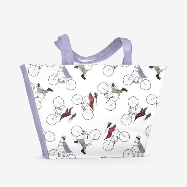 Пляжная сумка «Акварельный нарисованный вручную бесшовный фон с волшебными иллюстрациями велосипедистов почтальонов. Милые персонажи»