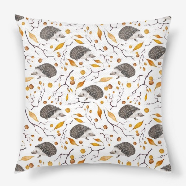 Подушка «Акварельный нарисованный вручную бесшовный фон с лесными иллюстрациями ежика, осенних листьев, ягод»
