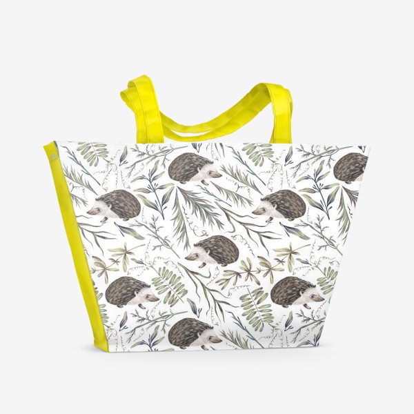 Пляжная сумка &laquo;Акварельный нарисованный вручную бесшовный фон с лесными иллюстрациями ежика, листьев, веточек, растений&raquo;