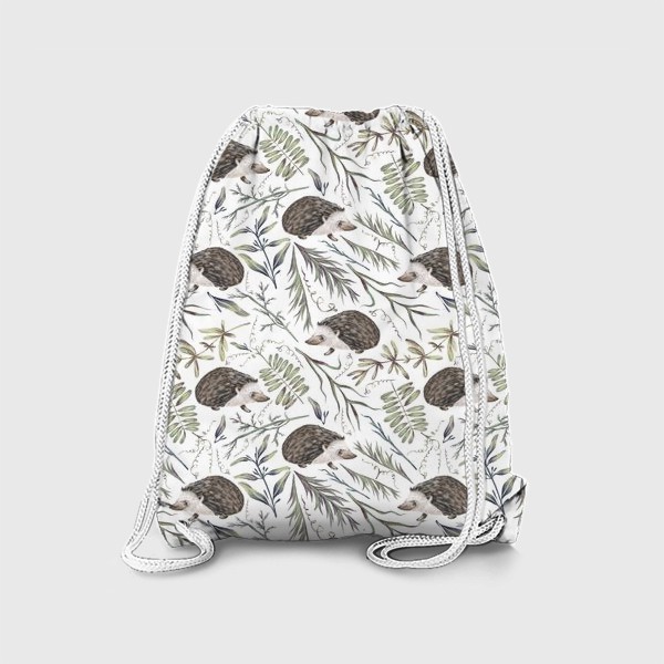 Рюкзак «Акварельный нарисованный вручную бесшовный фон с лесными иллюстрациями ежика, листьев, веточек, растений»
