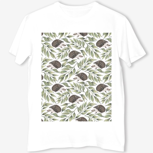 Футболка &laquo;Акварельный нарисованный вручную бесшовный фон с лесными иллюстрациями ежика, листьев, веточек, растений&raquo;