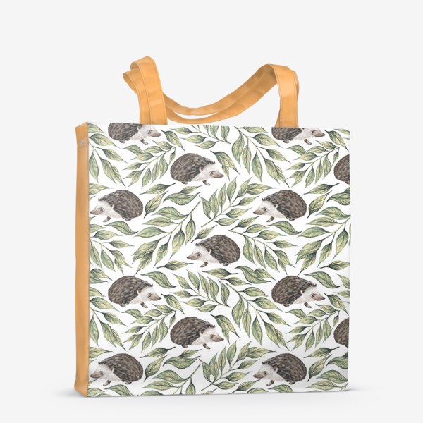 Сумка-шоппер «Акварельный нарисованный вручную бесшовный фон с лесными иллюстрациями ежика, листьев, веточек, растений»