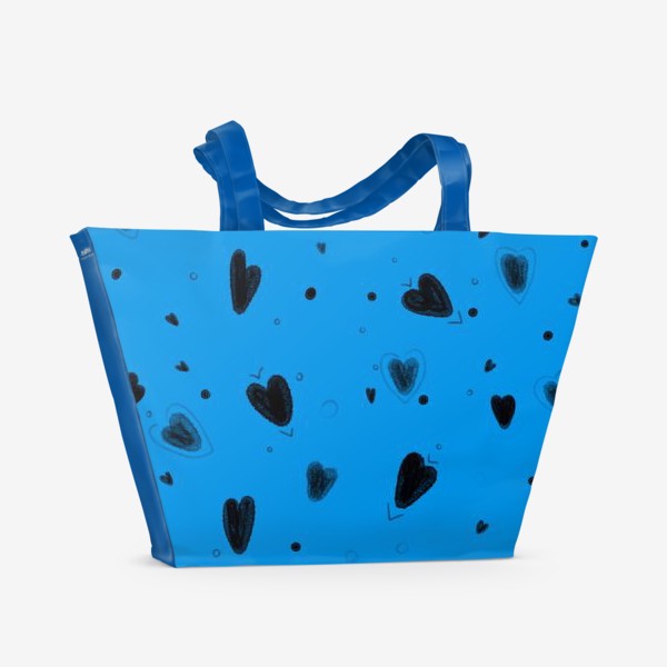 Пляжная сумка «Голубой паттерн с чёрными сердечками на день святого валентина»