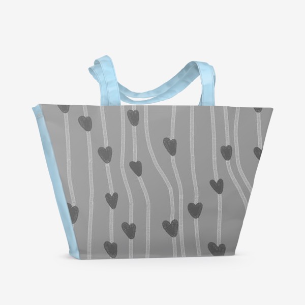 Пляжная сумка «серый паттерн с сердечками и полосочккми на день святого валентина»