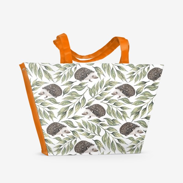 Пляжная сумка «Акварельный нарисованный вручную бесшовный фон с лесными иллюстрациями ежика, листьев, веточек, растений»