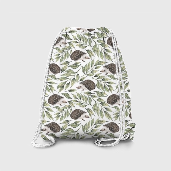 Рюкзак «Акварельный нарисованный вручную бесшовный фон с лесными иллюстрациями ежика, листьев, веточек, растений»