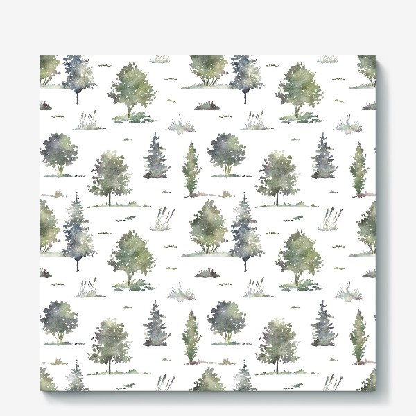 Холст «Акварельный нарисованный вручную бесшовный фон с иллюстрациями зеленых деревьев в лесу. Лес, птицы»