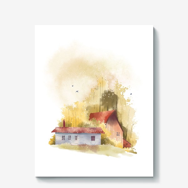 Холст «Акварельная нарисованная вручную иллюстрация с изображением красных домиков в золотом осеннем лесу»
