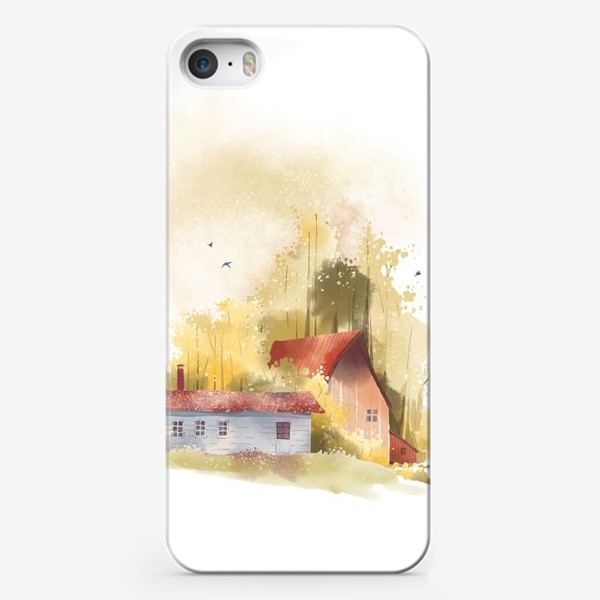 Чехол iPhone «Акварельная нарисованная вручную иллюстрация с изображением красных домиков в золотом осеннем лесу»